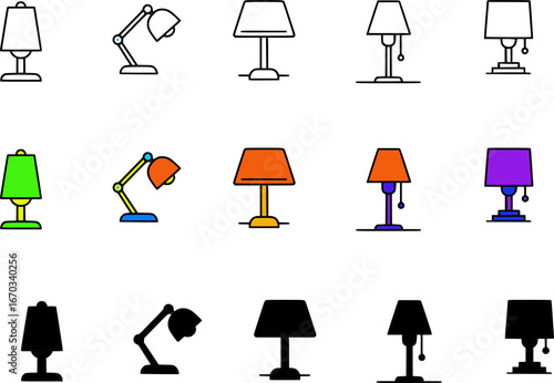 A collection of various lamp icons in different styles and colors, including desk lamps and table lamps, presented as graphic resources.