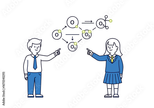 Two students, a boy and a girl, point to a diagram illustrating the formation of ozone (O3) from oxygen (O2) molecules.