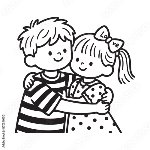 A black and white line art illustration of two young siblings, a boy and a girl, embracing in a warm hug on white Background. 