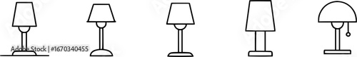 A collection of five different desk lamps, each with a unique base and shade design, presented in a line.