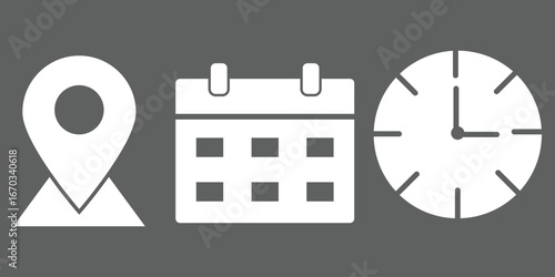 Time, date and address or location icons. Time, date and address vector collection. Calendar, clock and map pin symbol for event, meeting, wedding, schedule, invitation card design element on isolated