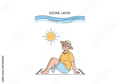 Elderly woman relaxes on beach, sunbathing under protective ozone layer.