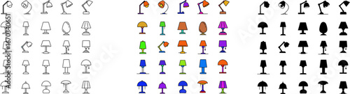 A diverse collection of lamp icons in various styles, colors, and levels of detail.