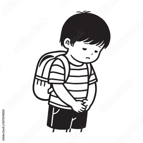 Bashful Young Child with Backpack and Striped Outfit silhouette vector Design. 