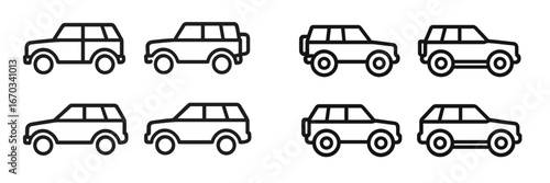 Different types of simple car illustrations lined up in rows for design and creative purposes