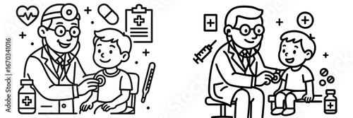 Doctors providing health checkups for children in a clinic setting during daytime hours