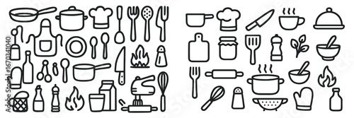Different cooking utensils and food preparation items displayed together in a unique line art style, emphasizing kitchen creativity and tools