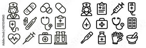 Medical icons depicting nurses, medical equipment, and healthcare symbols in a clean, modern design