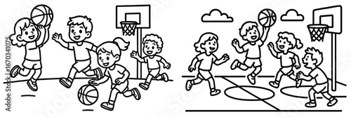 Group of children playing basketball on an outdoor court during a sunny day at school in summer