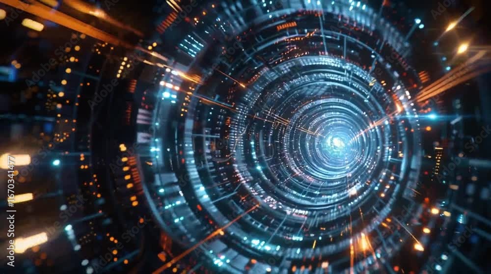 Futuristic Digital Data Tunnel with Glowing Lights and Circuits - Seamless Loop (AI Generated) Futuristic Digital Data Tunnel with Glowing Lights and Circuits - Seamless Loop (AI Generated)