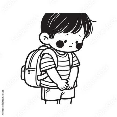 Bashful Young Child with Backpack and Striped Outfit silhouette vector Design. 