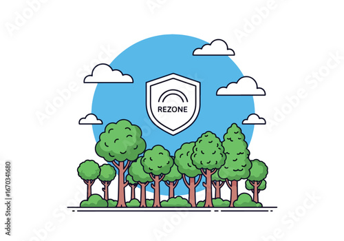 Illustration of a forest with trees and a shield containing the word "REZONE" against a blue sky with clouds.