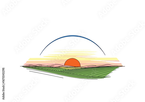 Stylized illustration of a sunset over a field, featuring a bright orange sun, green fields, and a blue arc above the horizon.
