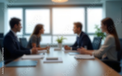 Blurred View of Business People in Meeting Room. A slightly out-of-focus image captures a group of business professionals seated around a conference table in a modern office space. High quality