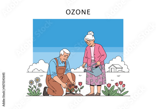 An elderly couple tending to their garden, with the man planting flowers and the woman watering them under a bright blue sky.
