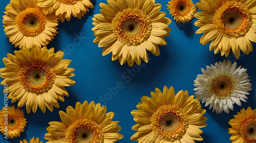 yellow flowers, Vibrant yellow sunflowers in circular arrangement against blue