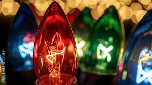 Close-up of bright multi-colored string lights with bokeh background, red bulb in focus