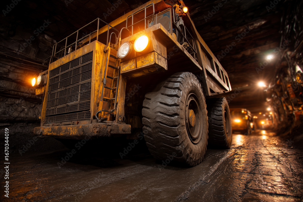 Obraz premium A large yellow truck is driving down a tunnel
