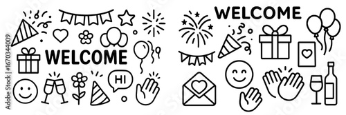 Colorful welcome party decorations with balloons, gifts, and cheerful elements for festive occasions