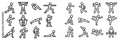 Fitness exercises icon set featuring various activities including weightlifting, yoga, and cardio for workout enthusiasts