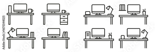 Various desk layouts with computer setups and office supplies for workspace inspiration
