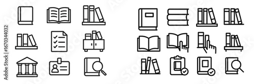 Collection of library and book icons depicting various activities and resources available for readers and researchers