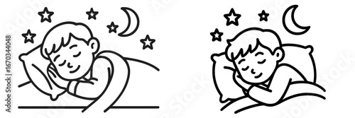 Sleepy children resting peacefully under a starry night sky in simple line art style