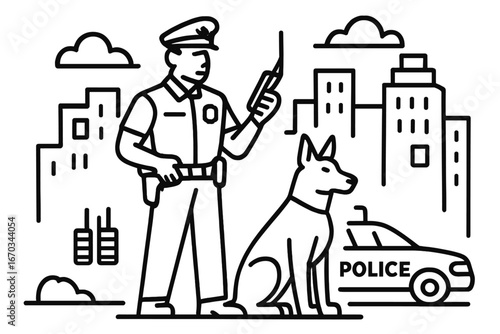 Police officer stands with service dog in urban area, communicating on radio while a patrol car is in view