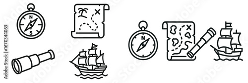 Exploring adventure symbols with compass, treasure maps, and ships on a playful design theme