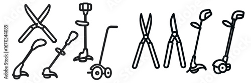 Gardening tools arranged in pairs for seasonal landscaping tasks in bright outdoor setting