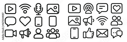 Symbols representing various digital communication and media tools used for engagement and interaction online