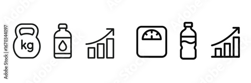 Fitness progress and health icons representing weight lifting, hydration, and weight tracking growth
