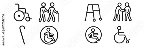 Symbols representing assistance tools for mobility in a healthcare setting with diverse user activities
