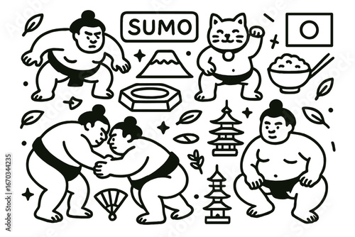 Sumo wrestling illustrations showcasing traditional Japanese culture with symbolic elements like Mount Fuji and a cat