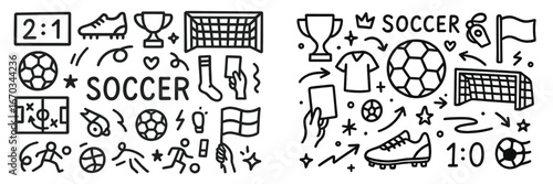 Soccer match elements showcasing scores, jerseys, and trophies in a playful doodle style