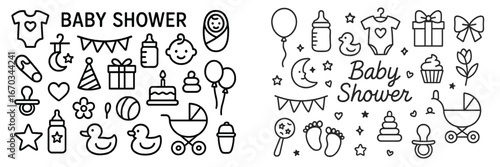 Celebration of new life with baby shower decorations featuring cute illustrations and playful elements