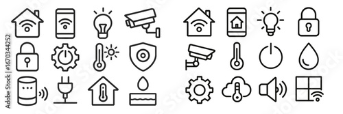 Various icons depicting smart home technology, security systems, and energy management tools