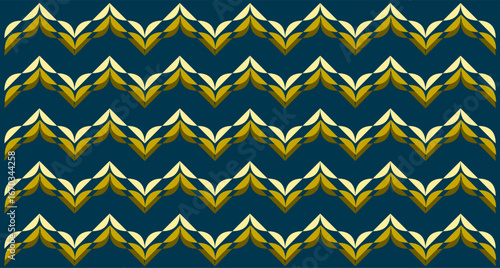 A modern Indonesian batik vector background pattern featuring a repeating zigzag wave motif. The design uses alternating horizontal waves in shades of yellow and gold with dark blue background