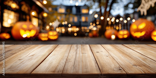 Rustic wooden table for product placement with a blurred background of glowing jack-o-lanterns and festive lights along a decorated street, capturing the spooky charm of Halloween night