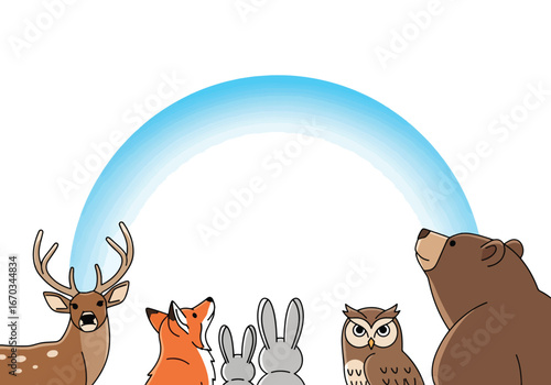 Cartoon illustration of a deer, fox, rabbits, owl, and bear looking up at a blue arc against a white background.