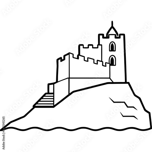 “Old stone castle on a cliff overlooking the sea, medieval style”