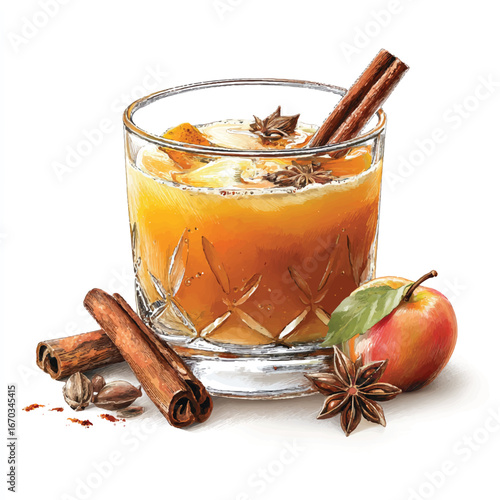Festive apple cider cocktail illustration with cinnamon sticks and star anise perfect for autumn and winter holidays