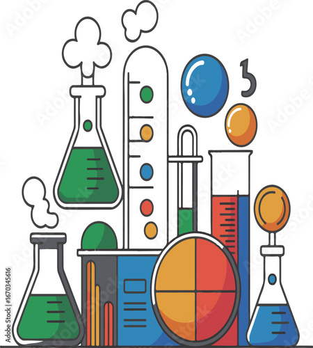 Colorful science laboratory equipment and experiments illustration