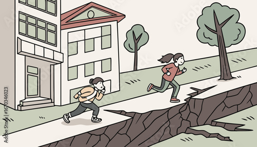 Scared mini people on sides of cracked road vector illustration. Cartoon drawing of mini men and women in city during earthquake, crack in ground, damaged buildings. Natural disaster, nature, danger c