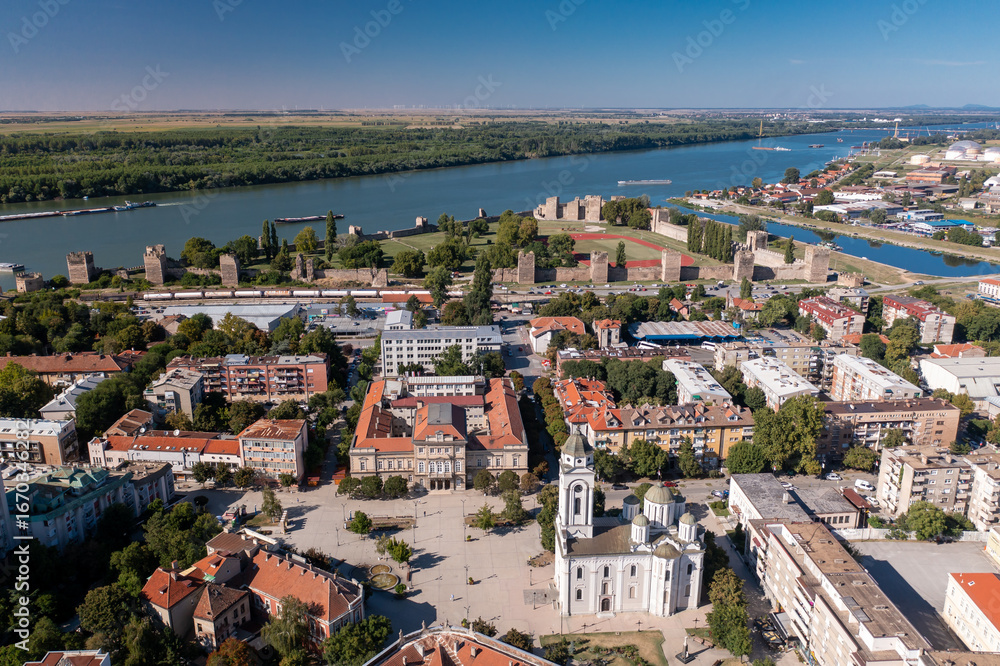 Obraz premium Smederevo - Panoramic Aerial view of Serbian city and Danube river