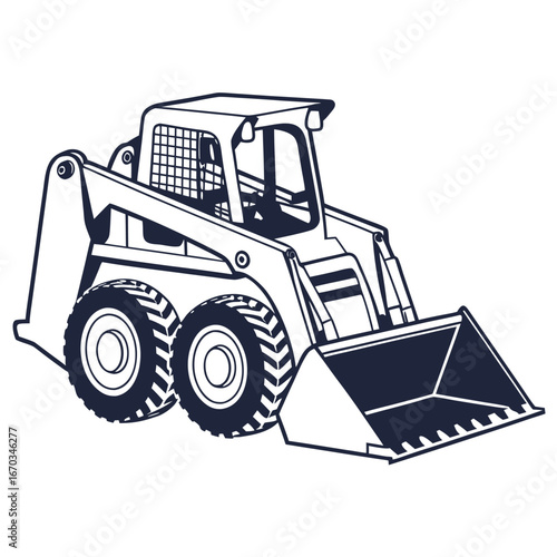 Dark blue skid steer loader with bucket and large tires compact equipment