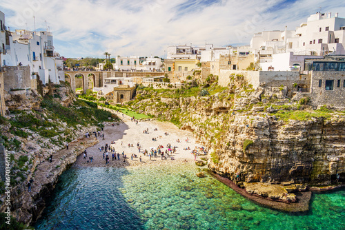 Scenic view of Lama Monachile beach in Polignano a Mare, Apulia, Italy