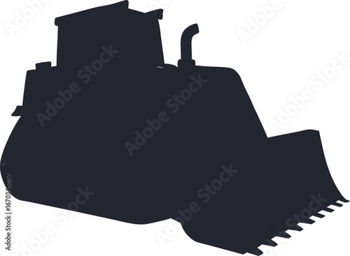 Dark blue silhouette of a front loader bulldozer on a white background heavy equipment