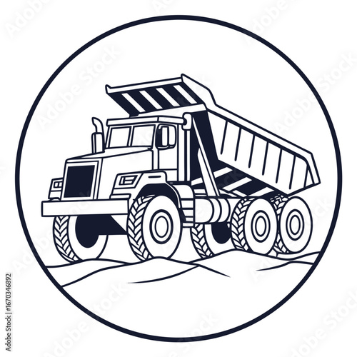 Black and white outline of a dump truck on a sandy terrain vehicle heavy