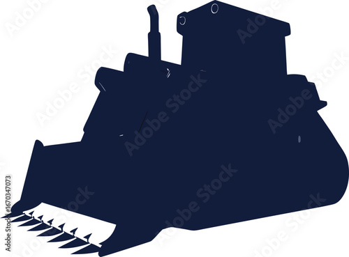 Dark blue silhouette of a bulldozer with a toothed bucket construction heavy